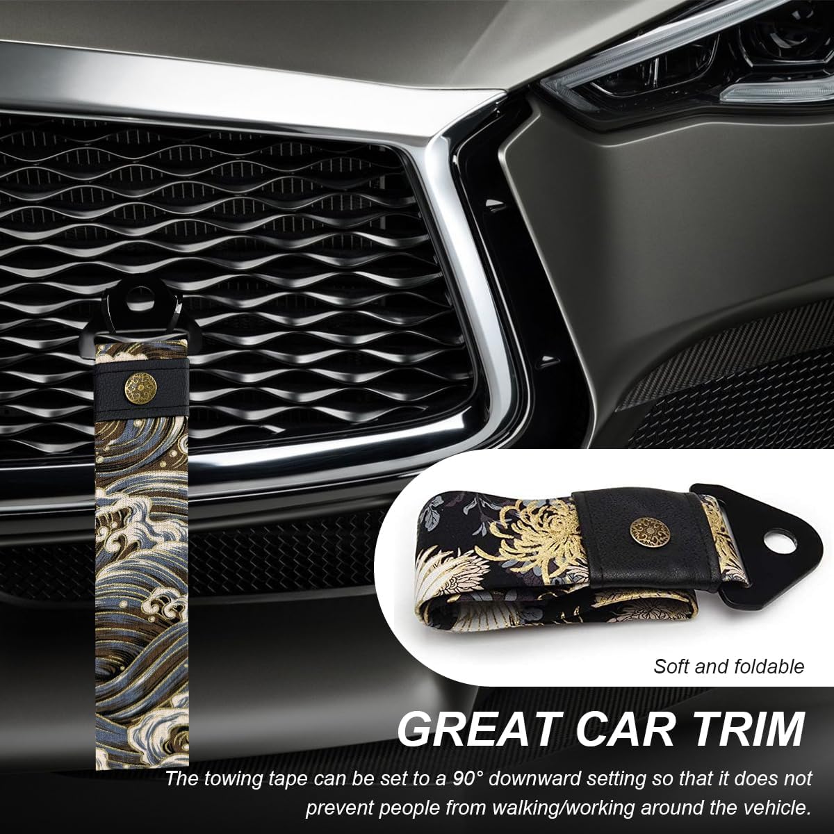 Racing Tow Strap, Stylish JDM Car Bumper Tow Strap Trailer Hook Belt for Decoration, Heavy Duty Nylon Traction Rope Universal Fit for Front or Rear Front Bumper (Black)