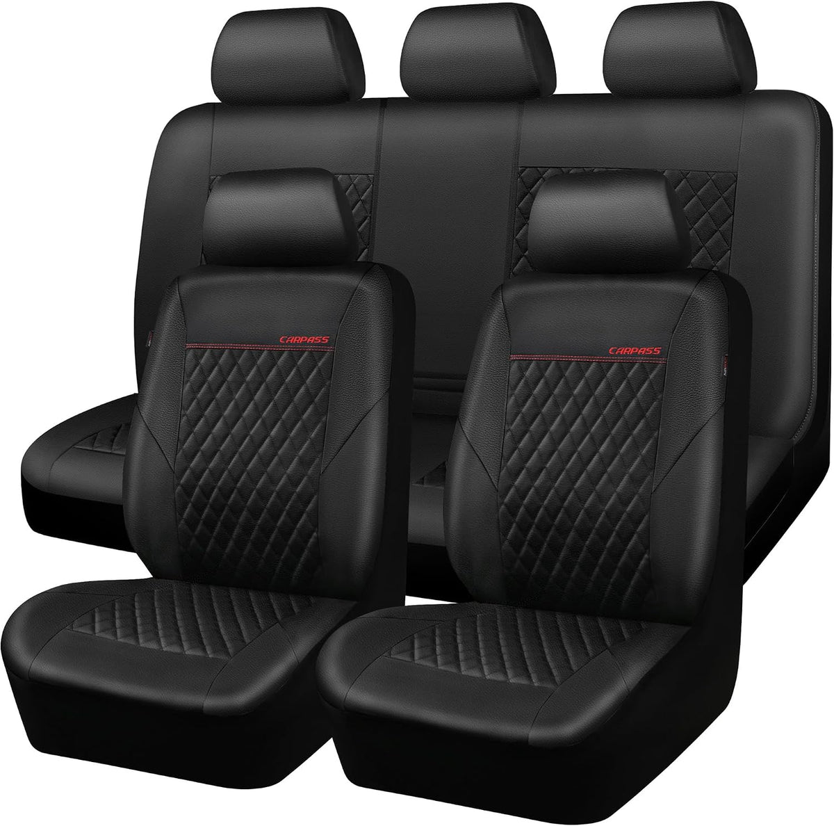 CAR PASS Quilting Leather Seat Cover Two Front Seats Only, Universal Fit Automotive Front Seat Covers Waterproof Deluxe PU Premium Vinyl Luxury for Cars Sedan Van SUV Airbag Compatible 2 Pieces,Black