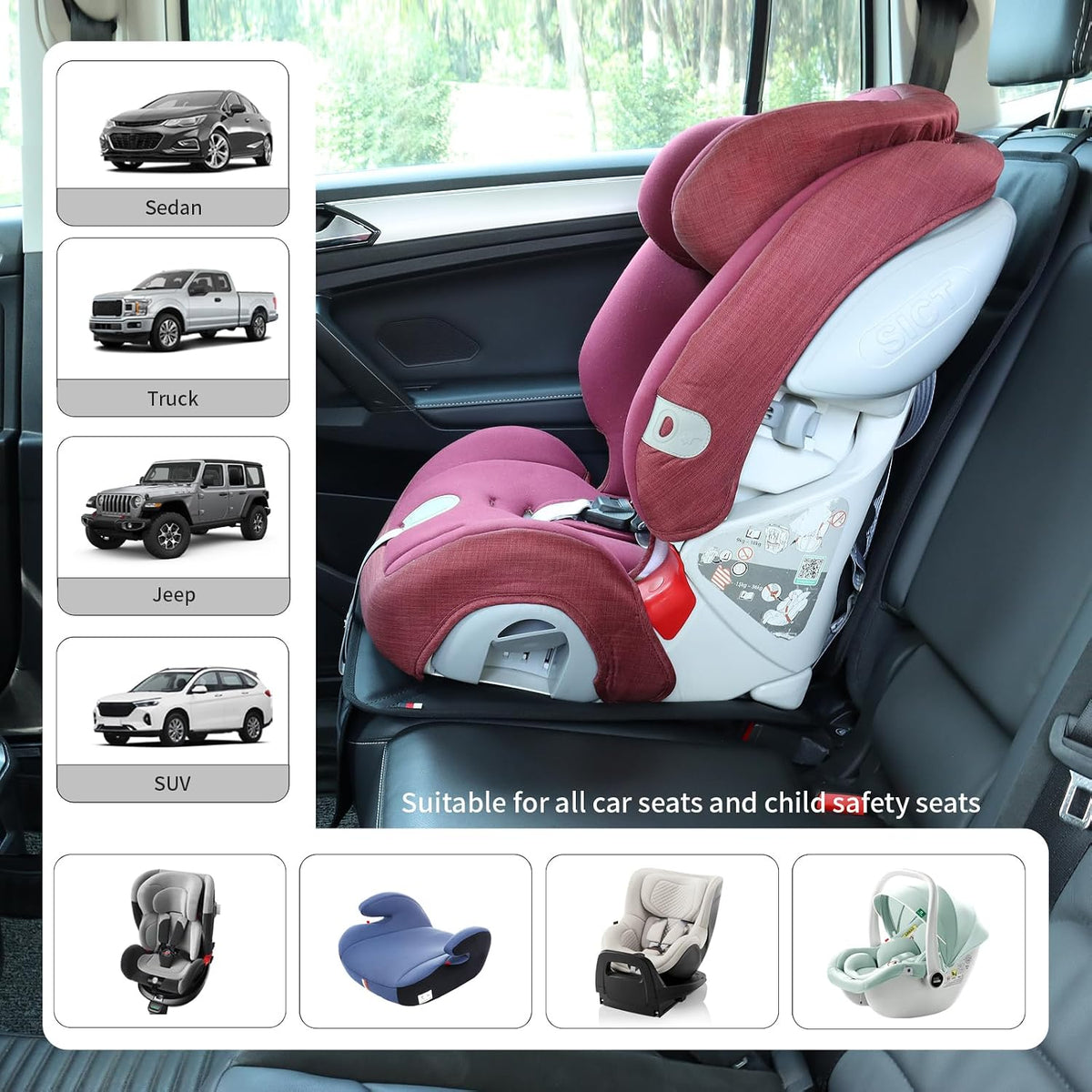 Viaviat Car Seat Protector Leather Waterproof Child Safety Seat Protector Cover with Thick Pad and 2 Large Pockets Durable Kick Mat for All Auto Seat (Beige)