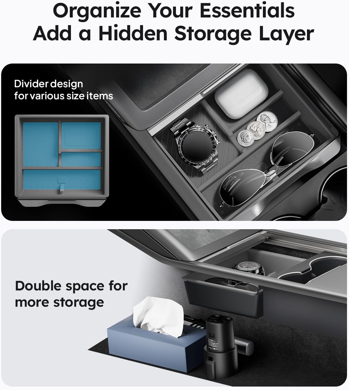 Wigoo Center Console Organizer for Tesla Model Y Juniper (Only Premium & Performance 2025 2026) and All Model 3 Highland Accessories [Double-Layer Storage, Smooth Sliding] 4PCS Black