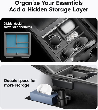 Wigoo Center Console Organizer for Tesla Model Y Juniper (Only Premium & Performance 2025 2026) and All Model 3 Highland Accessories [Double-Layer Storage, Smooth Sliding] 4PCS Black