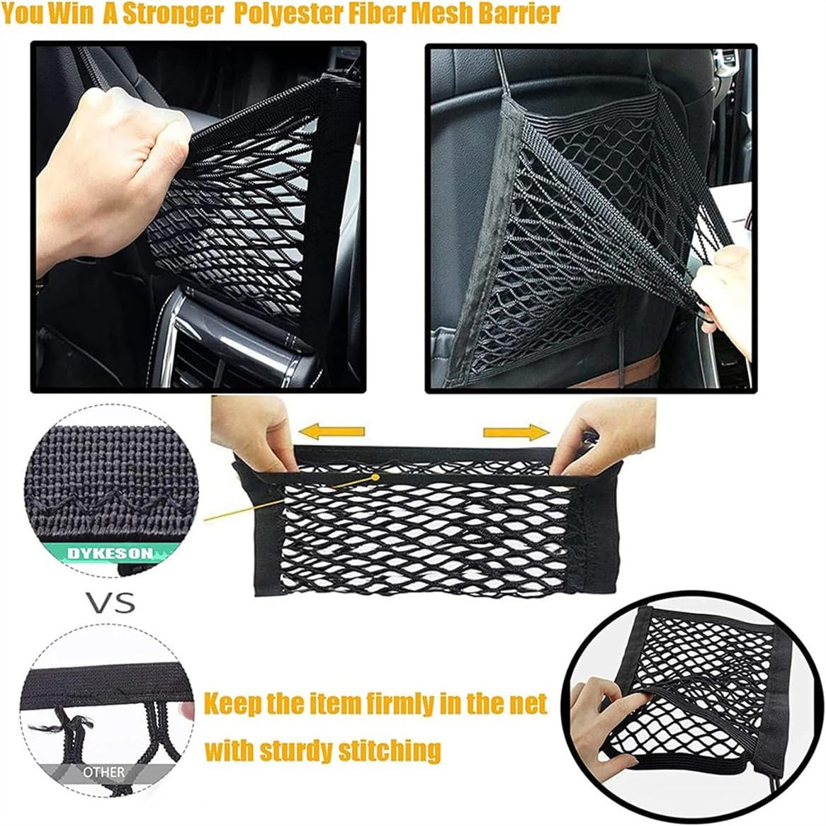 DYKESON Dog Car Net Barrier Pet Barrier with Car Mesh Organizer for Dog & Child, Safety Divider with Upgraded Storage Pouch, Easy Install for Cars & SUVs