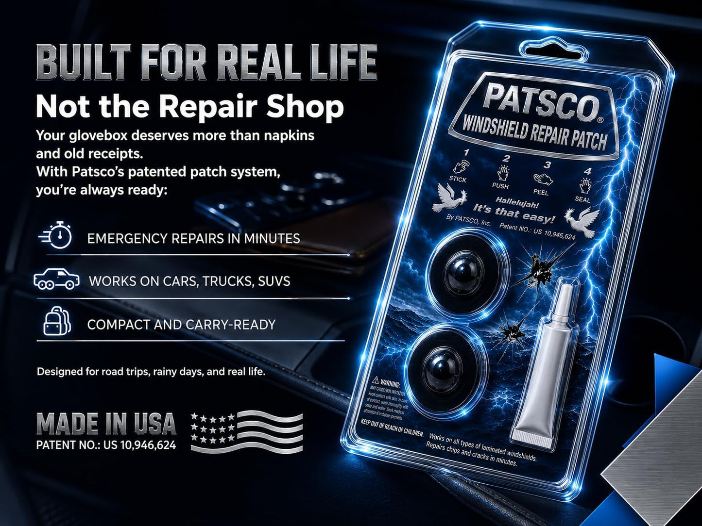 Patsco Windshield Repair Kit Resin Patch System (2 Pack), No Tools or Injector Needed, Fix Rock Chips & Small Cracks Fast, Easy Alternative to DIY Repair Kits, Made in USA