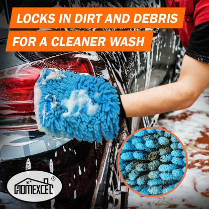 HOMEXCEL Car Wash Mitt, 2PK Chenille Microfiber Wash Mitt, Scratch-Free & Lint-Free, Rich Foam, Highly Absorbent, Double Sided, Perfect for Car Washing and Detailing, 10.2" x 6.7 ", Blue