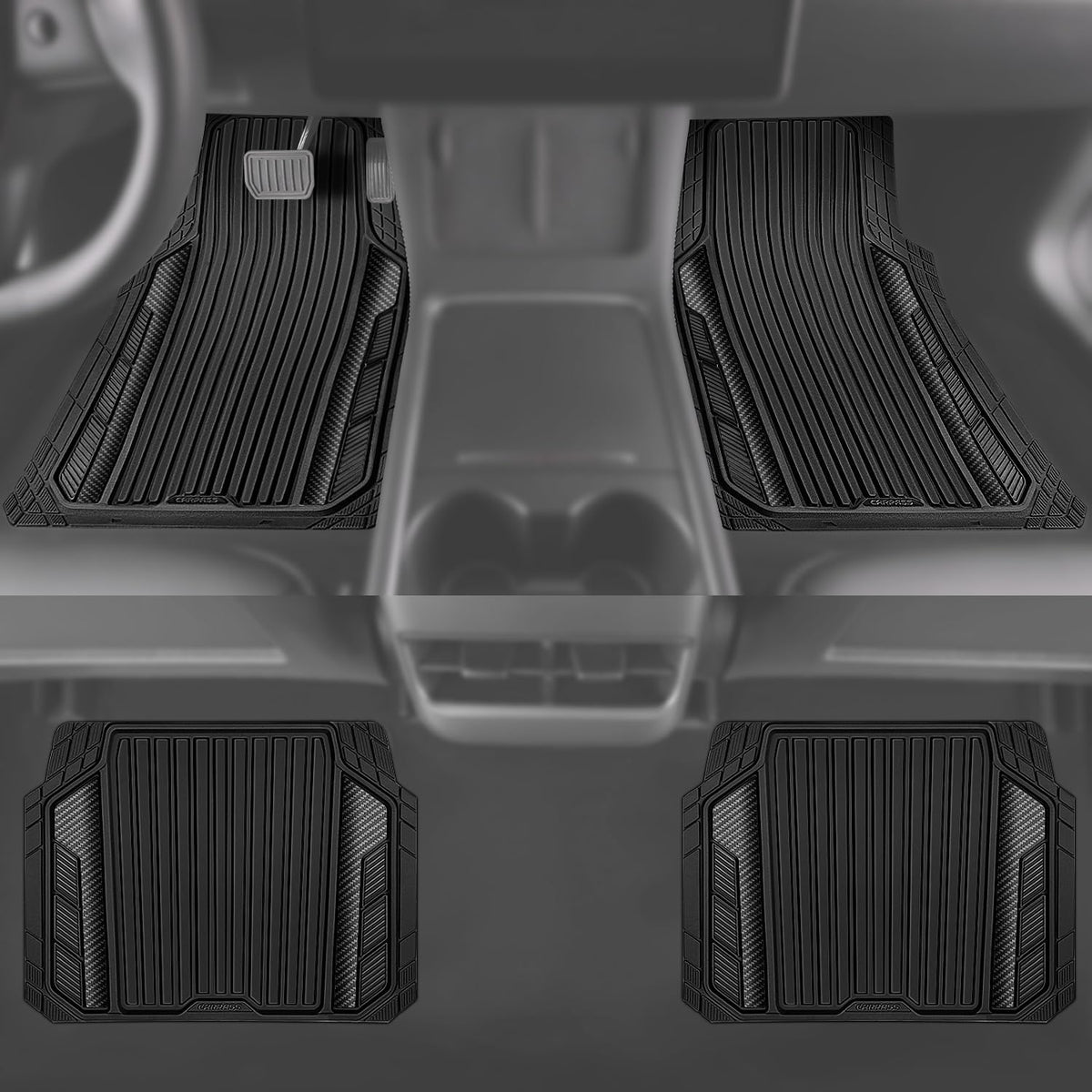 CAR PASS Heavy Duty Rubber Car Mats Metallic, Aluminum Film All Weather Floor Mats Waterproof Universal Trim to Fit Automotive SUV Sedan Van 4 Piece Anodized Deep Dish Two-Tone Sporty Black Red Chrome
