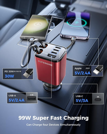 Retractable Car Charger, SUPERONE 99W Car Phone Charger with Cables Fast Charging, USB C Car Charger Adapter for iPhone 17 16 15 14 13 12, Samsung, Black