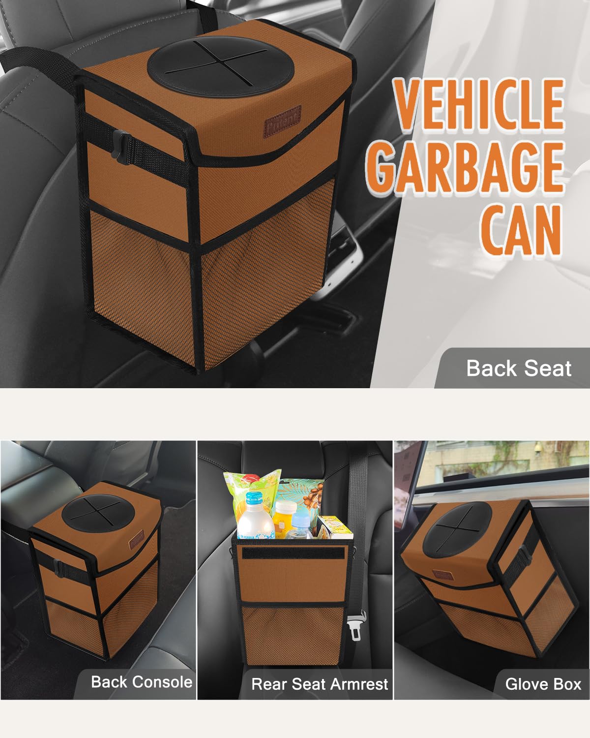 Pritent Car Trash Can with Lid, Cute Leakproof Car Trash Garbage Bag Hanging Vehicle Trash Bin Small Portable Automotive Garbage Cans Organizer for Back/Front Seat/Console(Trapezoid,Black)