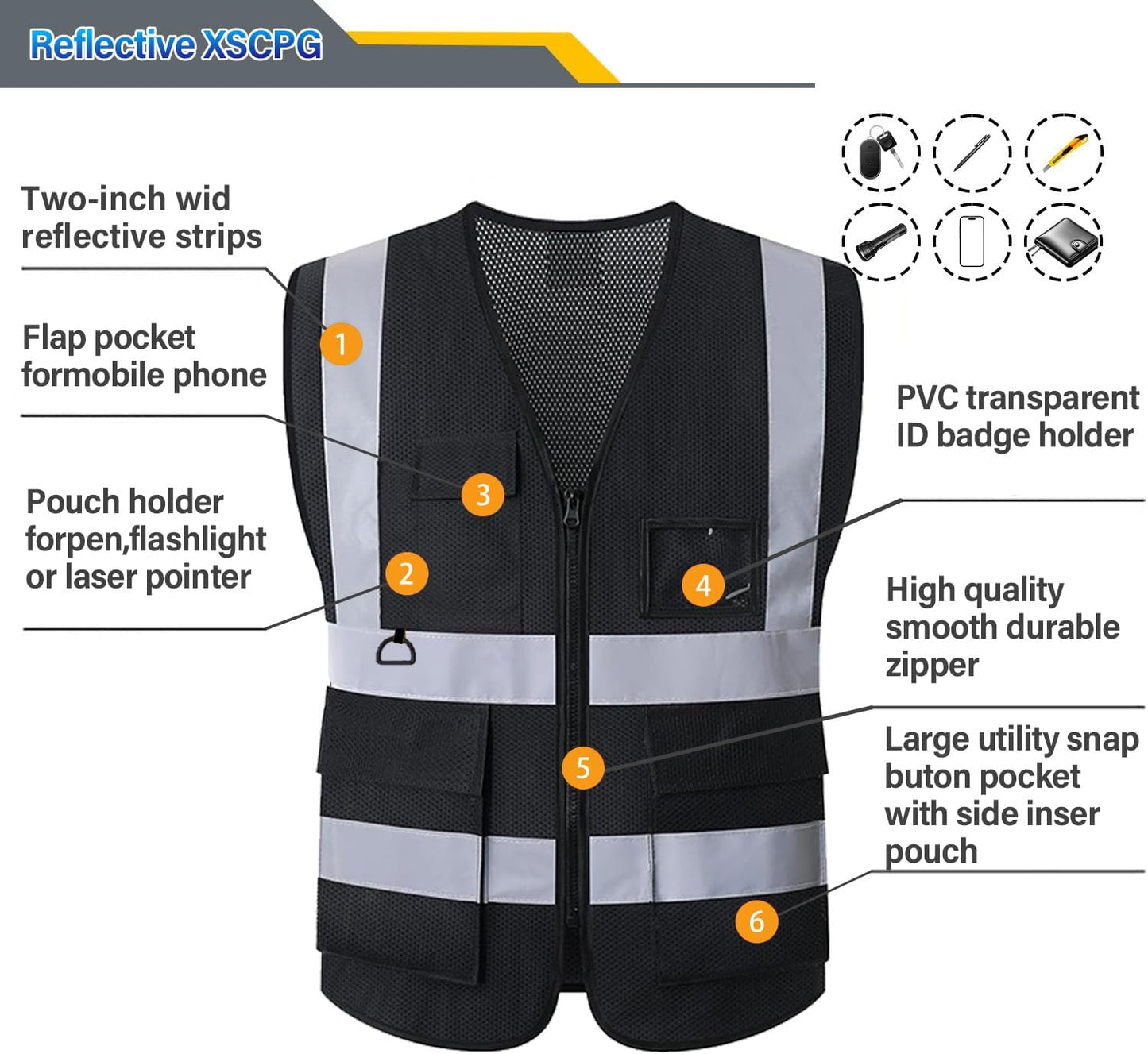Reflective Mesh Safety Vest, Breathable Hi Vis Vest Construction Work with 5 Pockets and Zipper for Men Women