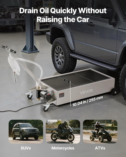 VEVOR Low Profile Electric Oil Drain Pan, 20 Gal Capacity, Rolling Oil Drain Pan with 110V High-Flow Pump, 7.2 ft Hose & T Folding Handle, Leak-proof & Corrosion-resistant, Fit for Trucks, ATVs, White