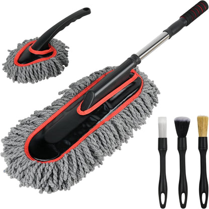Car Duster Exterior Scratch Free,Microfiber Car Duster with Extendable Handle, with 3PCS Detailing Brush, Exterior Interior Multipurpose for SUV,Truck,RV
