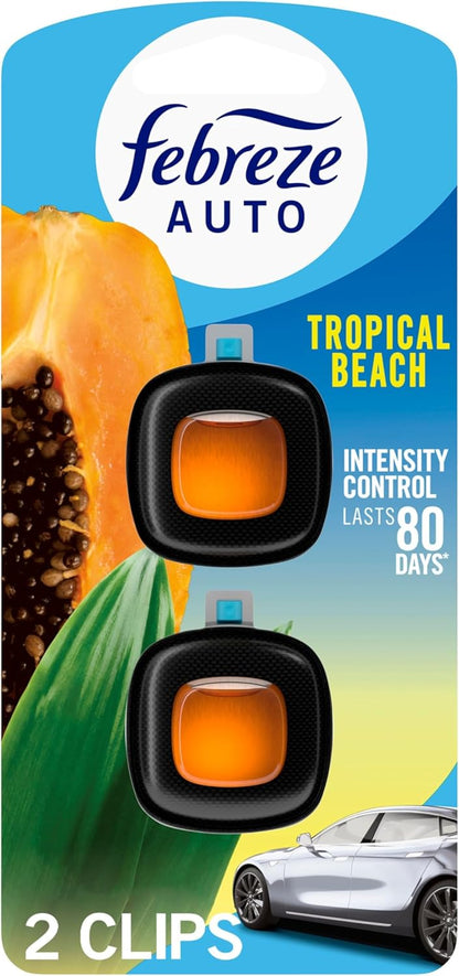 Febreze AUTO Air Freshener, Odor-Fighting Automotive Vent Clip, Scented Car Accessories, Long Lasting for Strong Odors, Tropical Beach Scent, 2 Count