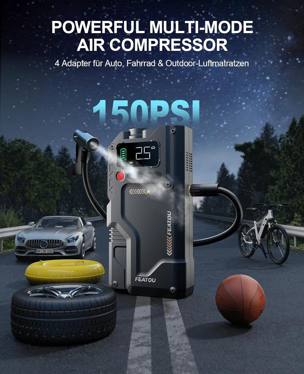 Featou Jump Starter with Air Compressor, 5 in 1 Functional Jump Box 5500A Peak Power Pack with 150PSI Digital Tire Inflator, Portable Car Charger Jumper for 9.0L Gas or 7.5L Diesel