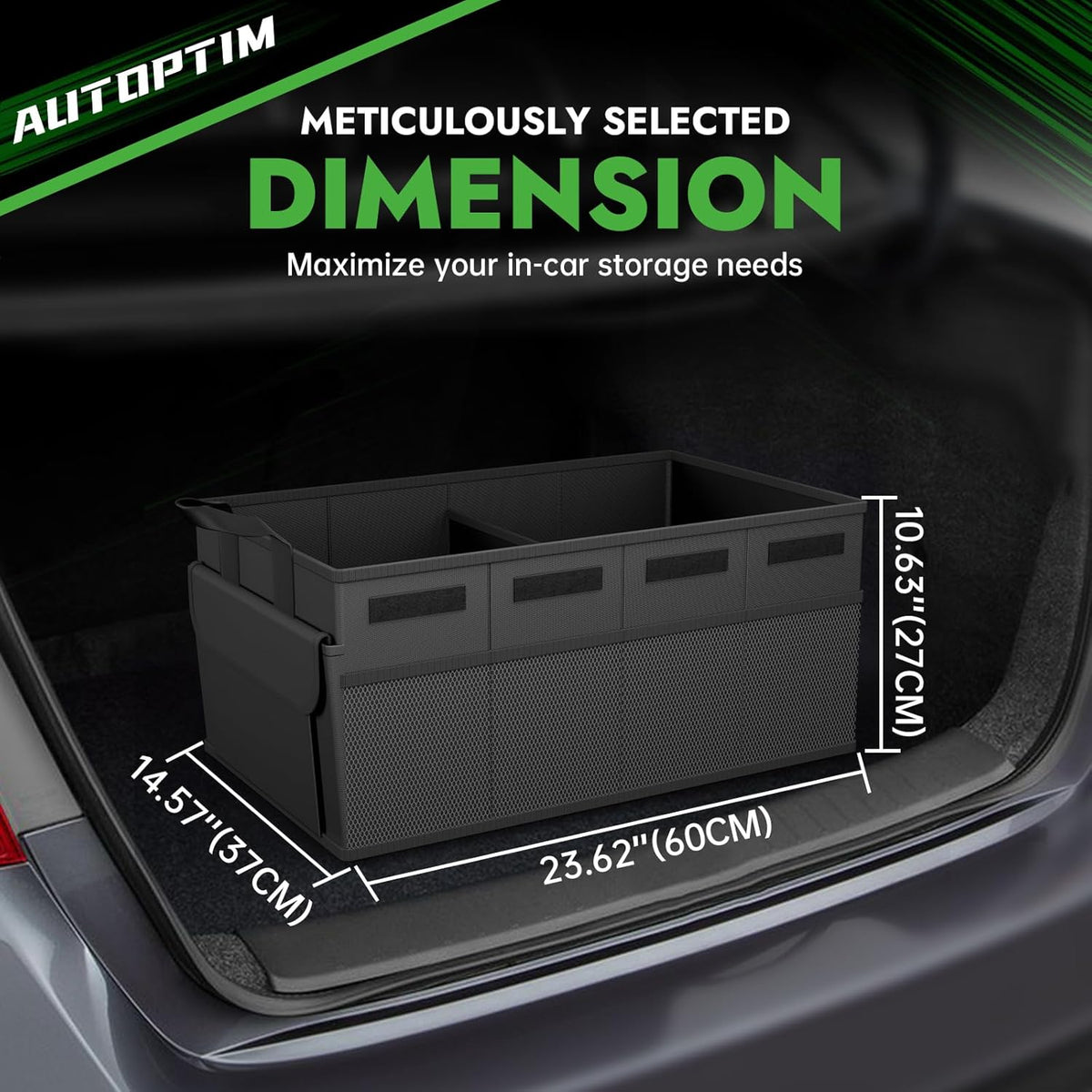 AUTOPTIM Car Trunk Organizer - Collapsible Car Organizer with Non Slip Bottom & Multiple Pockets for Groceries, Trunk Storage with Base Panel for SUV Sedan Van, 2 Compartments (Black, Small)