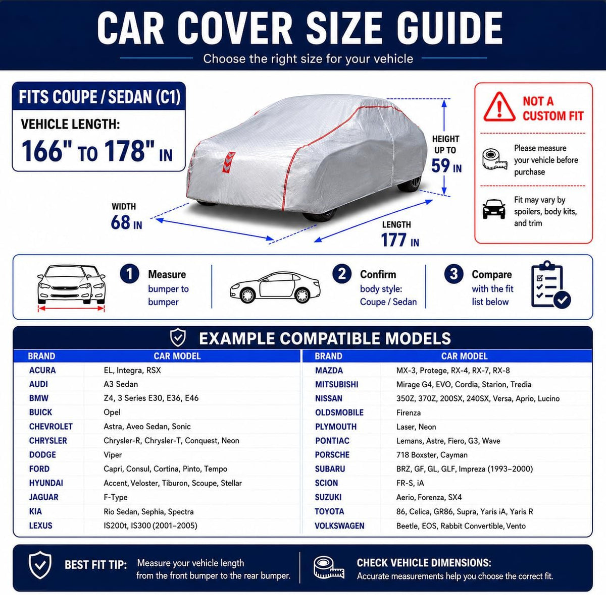 Car Cover for Sedan, Waterproof All Weather Heavy Duty, 360° Underbody Wrap Windproof Design, Quick Install Outdoor Vehicle Cover, Fits 186-193 in