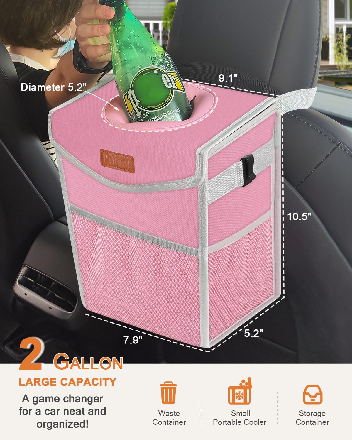 Pritent Car Trash Can with Lid, Cute Leakproof Car Trash Garbage Bag Hanging Vehicle Trash Bin Small Portable Automotive Garbage Cans Organizer for Back/Front Seat/Console(Trapezoid,Black)