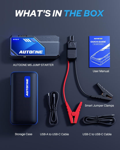 AUTOONE 6000A Car Battery Jump Starter Up to All Gas & 12L Diesel Engine, Car Battery Jumper Starter Portable 12V Jump Box with USB Output, Storage Case, LED Flashlight