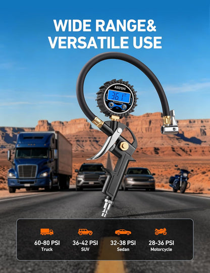 AstroAI Digital Tire Pressure Gauge with Inflator, 3-250 PSI Air Chuck & Compressor Accessories Heavy Duty with Quick Connect Coupler, 0.1 Display Resolution, 1Pack Standard