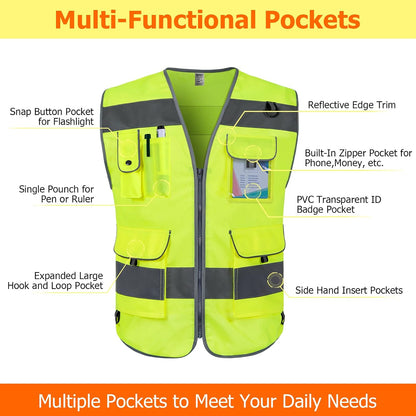 TCCFCCT Safety Vest for Men Women 9 Pockets High Visibility Vest for Safety, Reflective Work Vest with Reflective Strips, Meets ANSI/ISEA Standards, (Yellow, Large)