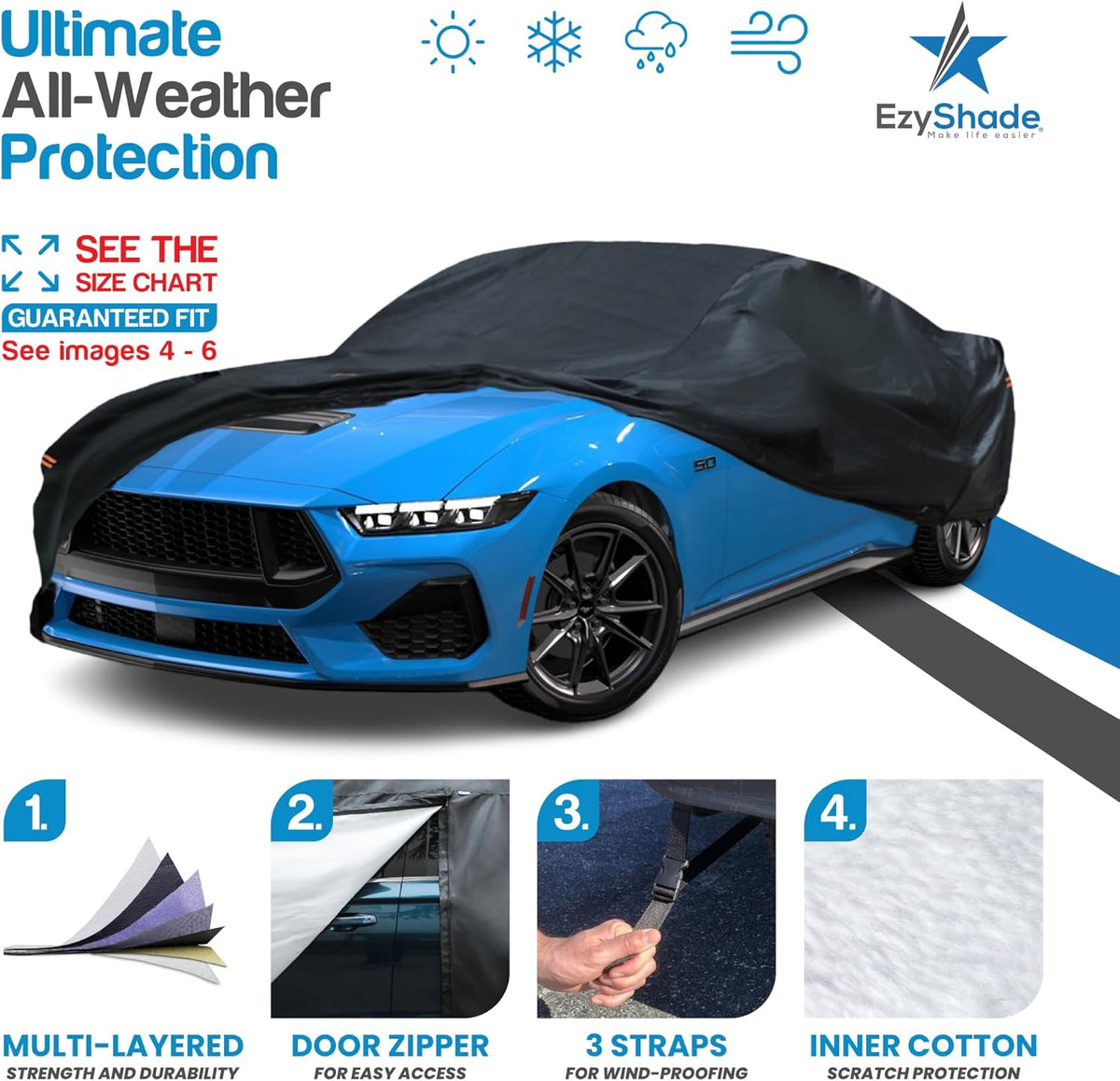 EzyShade 10-Layer Car Cover Waterproof All Weather - See Vehicle Size-Chart - Car Covers for Automobiles & Car Snow Cover - Full Exterior Covers - Winter Rain Sun SUV Sedan. Size A4 (See SizeChart)