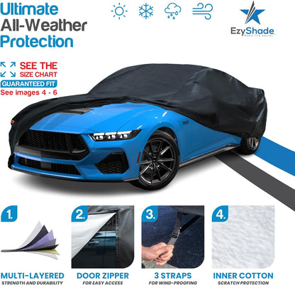 EzyShade 10-Layer Car Cover Waterproof All Weather - See Vehicle Size-Chart - Car Covers for Automobiles & Car Snow Cover - Full Exterior Covers - Winter Rain Sun SUV Sedan. Size A4 (See SizeChart)