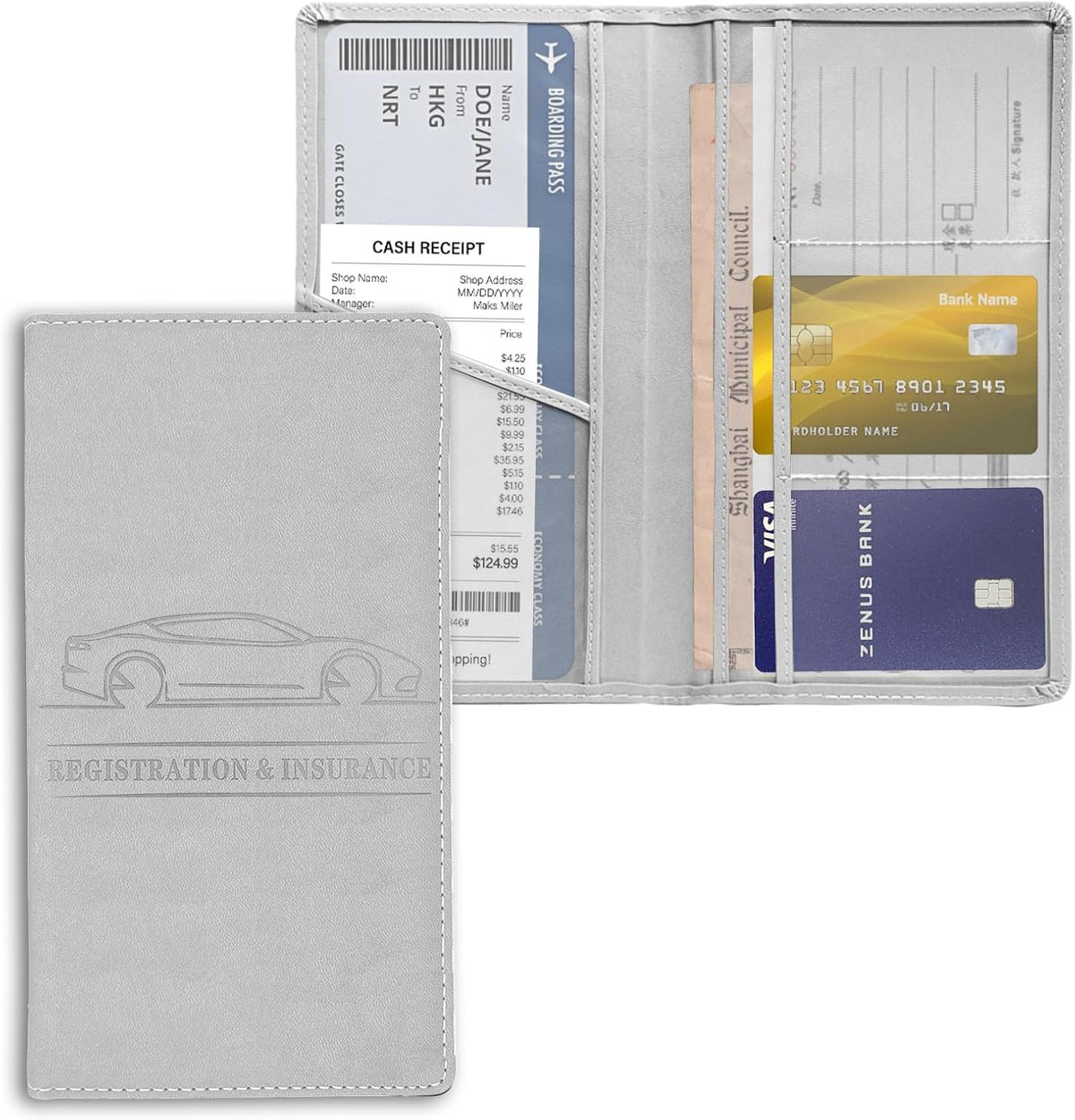 Leather Premium Car Registration & Insurance Card Holder, Vehicle Glove Box Wallet Case, for Documents, Cards, License (Blue)