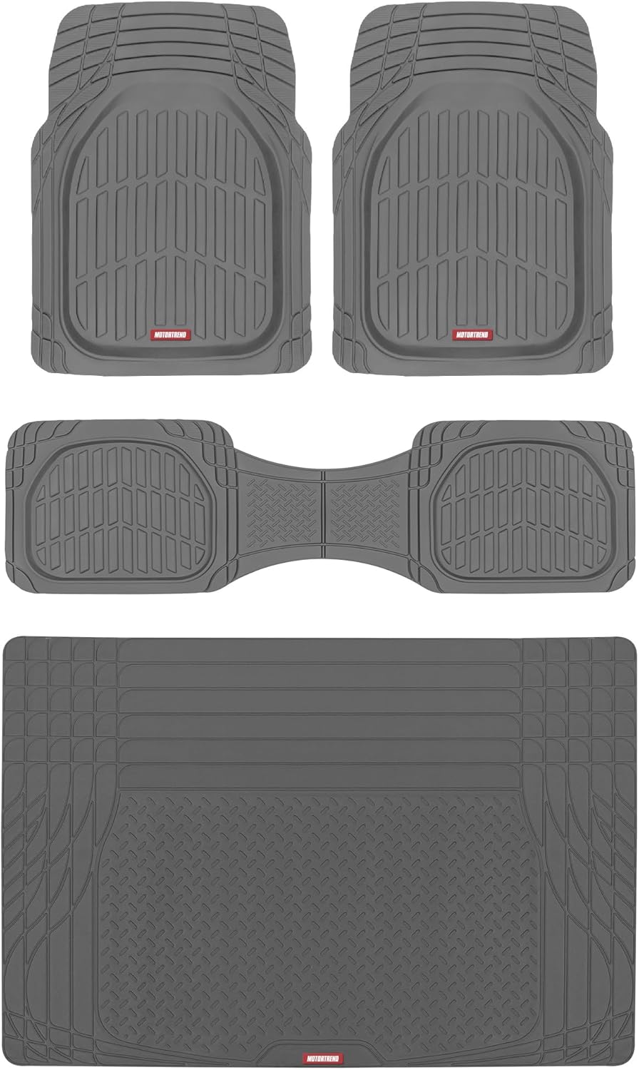 Motor Trend FlexTough 4-Piece Heavy Duty Floor Mats for Cars Trucks SUVs, Automotive Floor Mats Car Mats Full Set Front, Rear & Cargo, Trim-To-Fit Semi-Custom Deep Dish All Weather Rubber Mats - Black