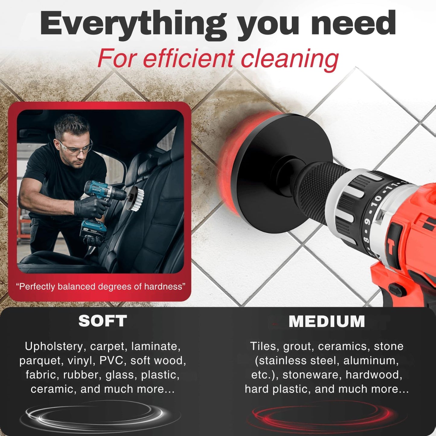 Drill Brush Attachments for Cleaning [Set of 6] Universally Cleans Cars, Rims, Upholstery, Tiles, and More I Brush Drill Attachment for Cleaning I Drill Brush for Car Detailing (Red-White-Black)
