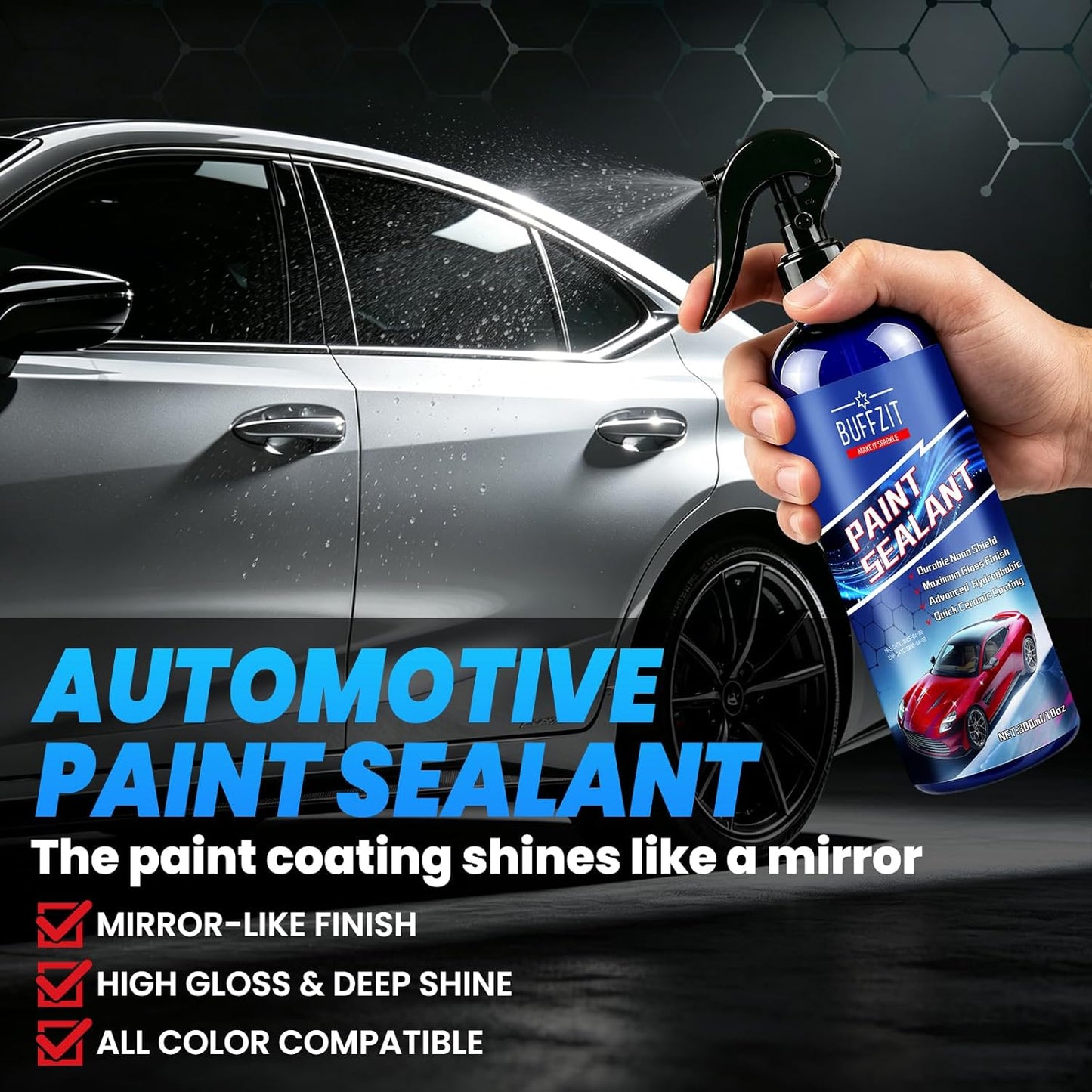 Paint Sealant Spray Quick Effect Coating Agent for High Gloss Shine & Protection All-in-One Waterless Wash Wax Hydrophobic Polish for Cars Motorcycle Trucks & RVs with Microfiber Towel 10oz/300ml