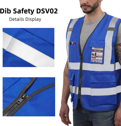 Dib Safety Reflective Safety Vest for Men Women, High Visibility Vest with Pockets and Zipper, ANSI Class 2