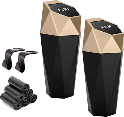 Ginsco Car Trash Can Cup Holder, 2 Pack Mini Trash Can with Lid, Car Accessories for Interior, Leakproof Small Trash Cup for Home with Additional 2 ABS Hooks and 90pcs Trash Bags Black