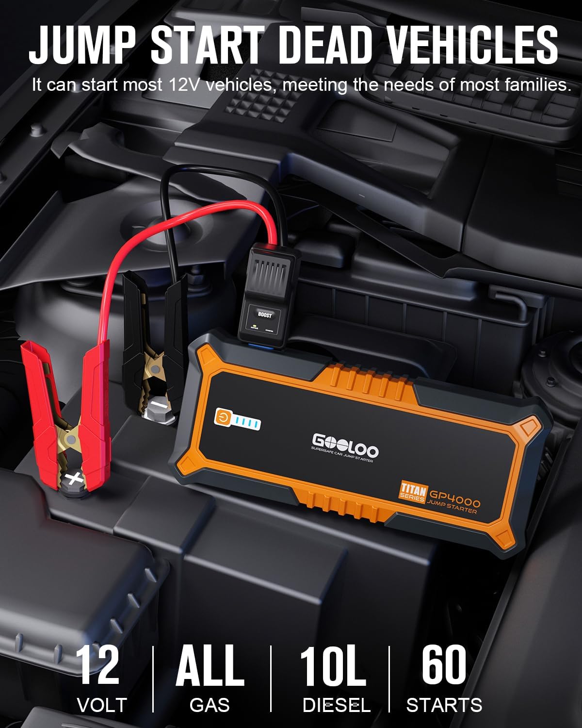 GOOLOO GP4000 Jump Starter 4000A Peak Car Starter (All Gas,up to 10.0L Diesel Engine) SuperSafe 12V Lithium Jump Box,Auto Battery Booster Pack,Portable Power Pack with USB Quick Charge and Type C Port