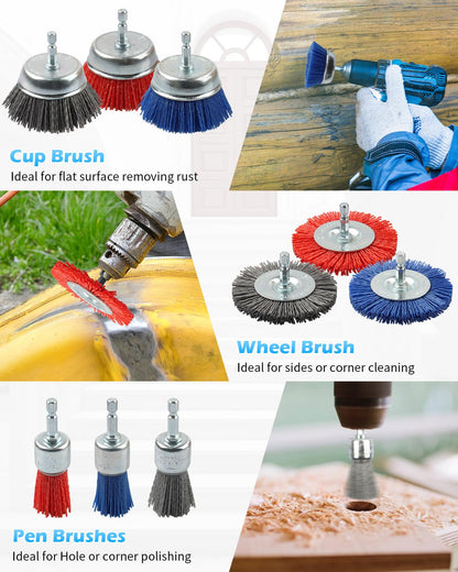 Rocaris 9 Pack Nylon Filament Abrasive Wire Brush Wheel & Cup Brush Set with 1/4 Inch Hex Shank, for Removal of Rust/Corrosion/Paint - 80 Grit, 120 Grit, 240 Grit