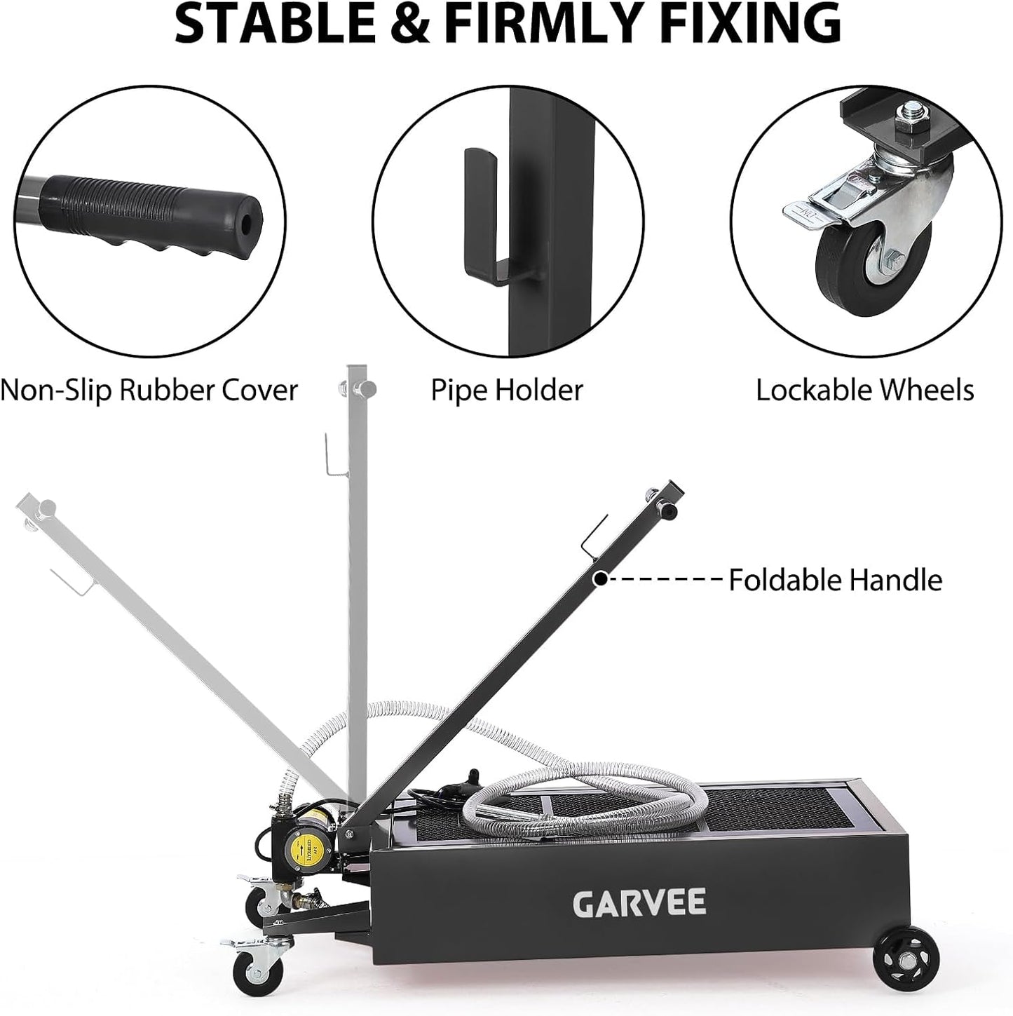 Garvee 20 gal Oil Drain Pan Oil Drain Tank, 76 L Low Profile Oil Drain Pan, Large Capacity Oil Change Pan with Manual Pump & T Foldable Hand and Wheels, 8 ft Hose Oil Drain Cart for Car, SUV, Trucks