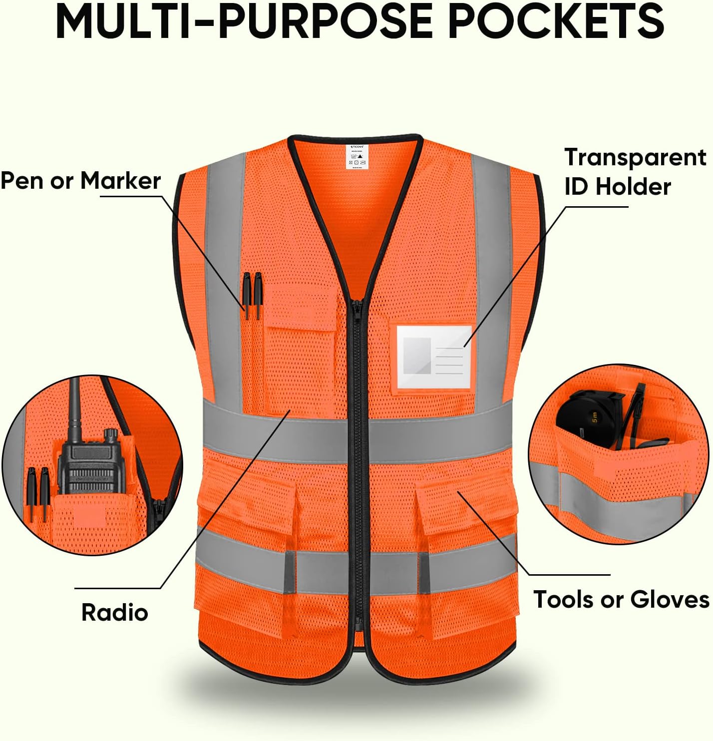 TICONN Reflective Safety Vest High Visibility Class II Mesh Vest for Women & Men Meets ANSI Standards