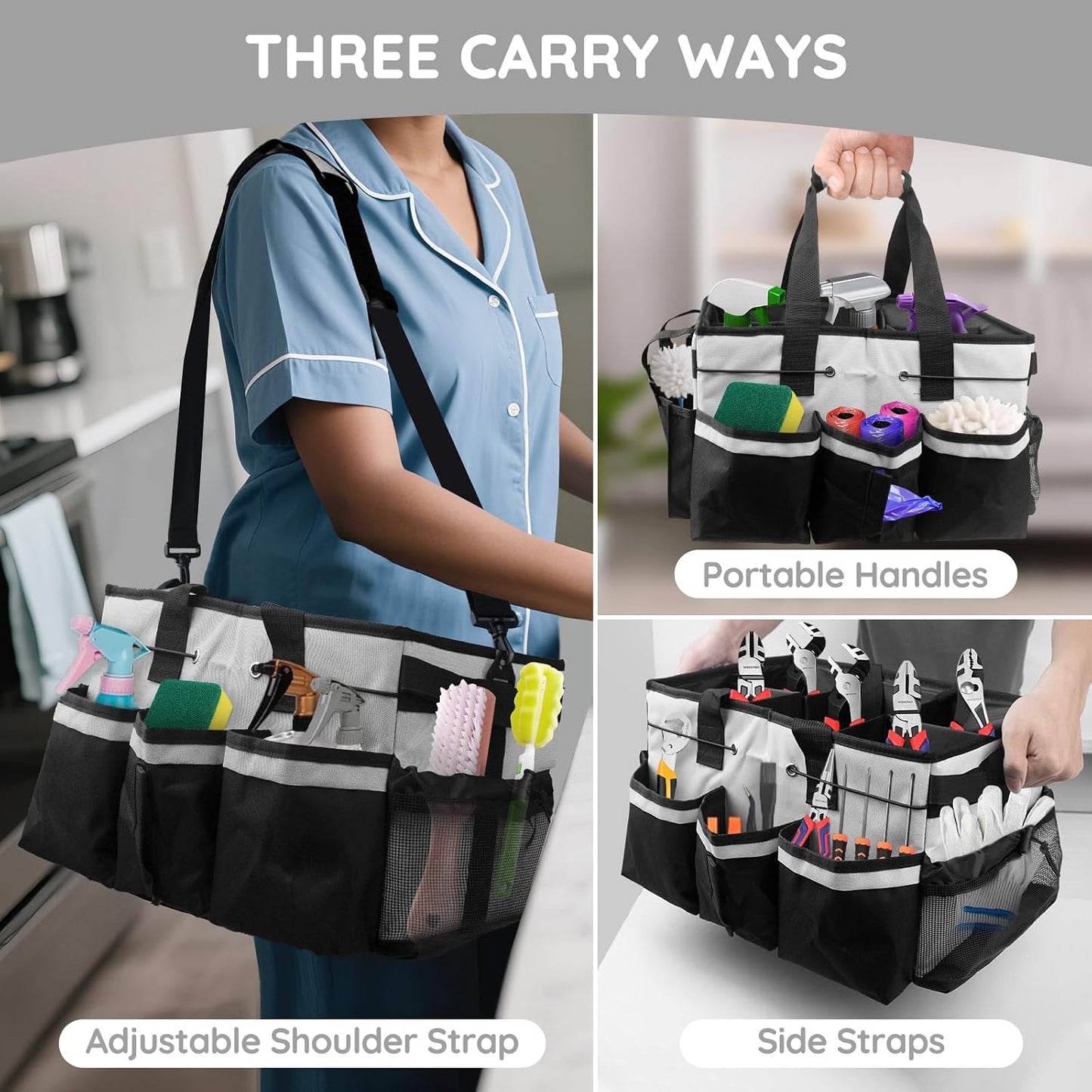 ZKOO Cleaning Bag Cleaning Caddy Organizer, Wearable Cleaning Caddy with Waist & Handles for Cleaning Tool Organizers, Extra-Large Cleaning Caddy Bag Adjustable Compartments for Housekeeping,Gardening