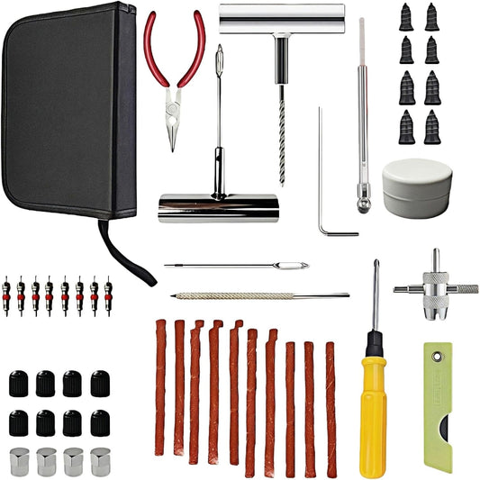 55PCS Tire Repair Kit – Heavy Duty Plug & Patch Kit with Tire Gauge & Valve Tools – Emergency Flat Tire Repair for Car, Truck, Motorcycle, ATV, SUV – Includes Storage Bag & Manual