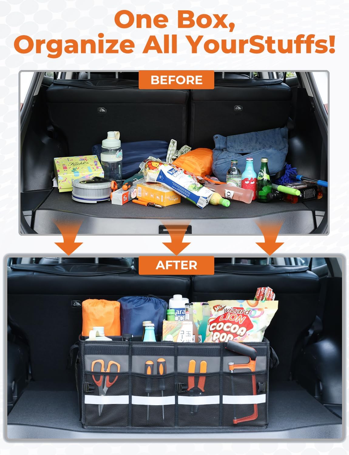 Oasser Car Trunk Organizer, 3 Compartments Collapsible Waterproof Car Organizer Storage with Foldable Cover, Reflective Strip, Non-Slip Bottom, 4 Mesh Pockets for SUV/Truck/Sedan/Camping/Road Trip