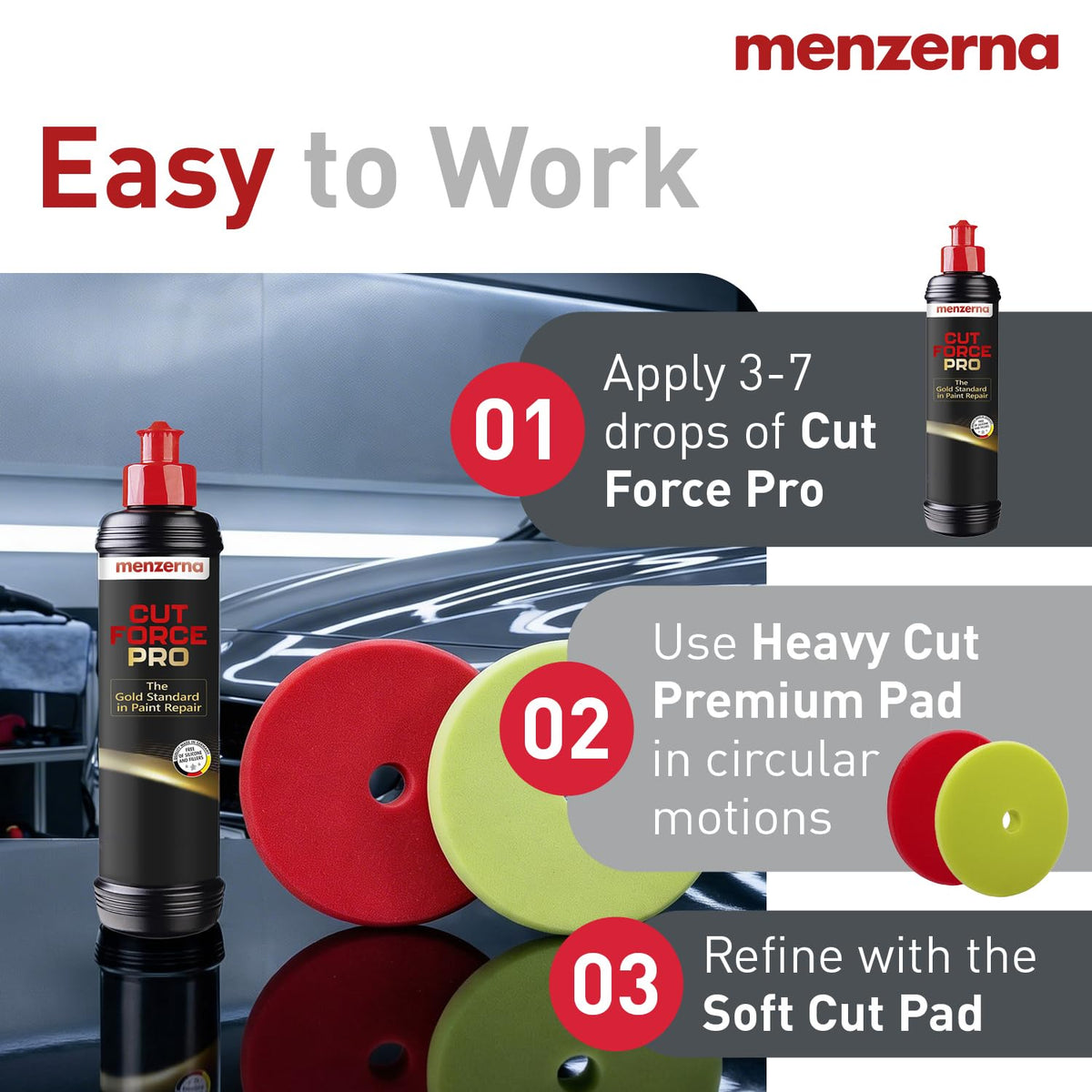 menzerna Cut Force Pro Car Polish 8 oz I Premium Polish with Heavy Cut and high Gloss Finish I Buffing & Polishing Compound for Car Maintenance I for Scratches & Sanding Marks I Car Body Repair