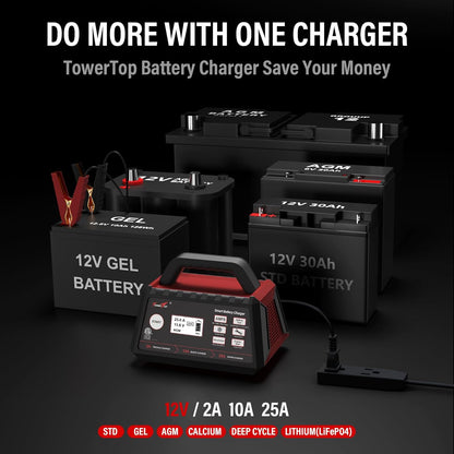 TowerTop 2/10/25 Amp 12V Smart Car Battery Charger, Fully Automatic Battery Maintainer with Engine Start, Auto Desulfator, Battery Repair, Winter Mode, for AGM, STD, Gel, Deep Cycle Batteries