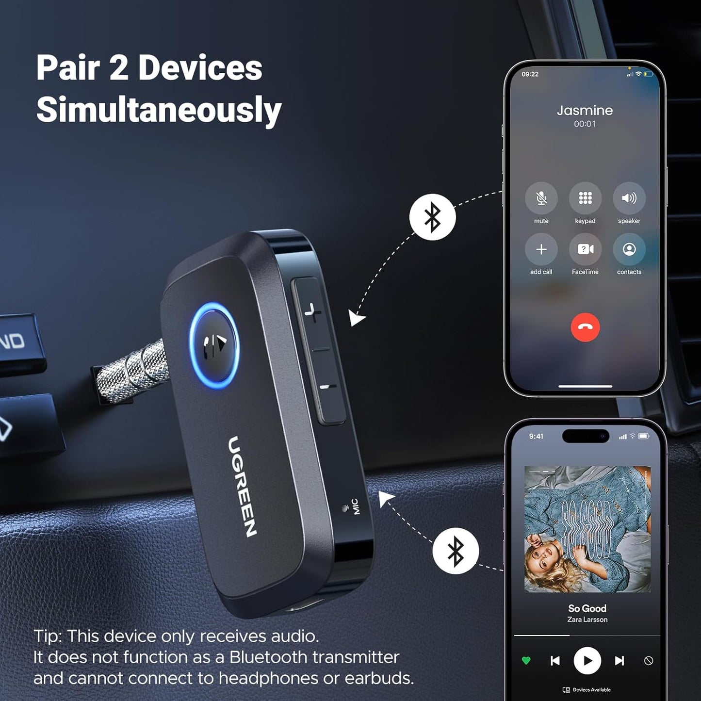 UGREEN Bluetooth 5.4 Car Adapter, Hands-Free Call & Noise Cancelling AUX to Bluetooth Adapter for Car, 3.5mm Audio Blue-Tooth Receiver for Cars Stereo Home Speaker - 15H Battery Life