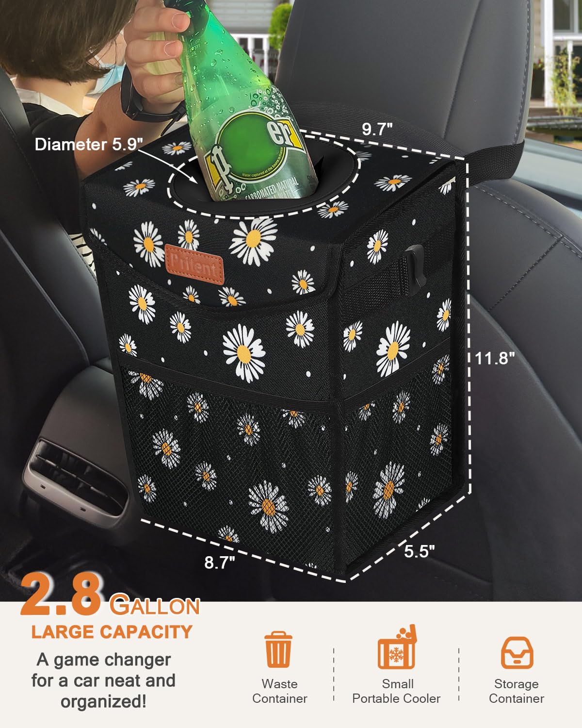 Pritent Car Trash Can with Lid, Cute Leakproof Car Trash Garbage Bag Hanging Vehicle Trash Bin Small Portable Automotive Garbage Cans Organizer for Back/Front Seat/Console(Trapezoid,Black)