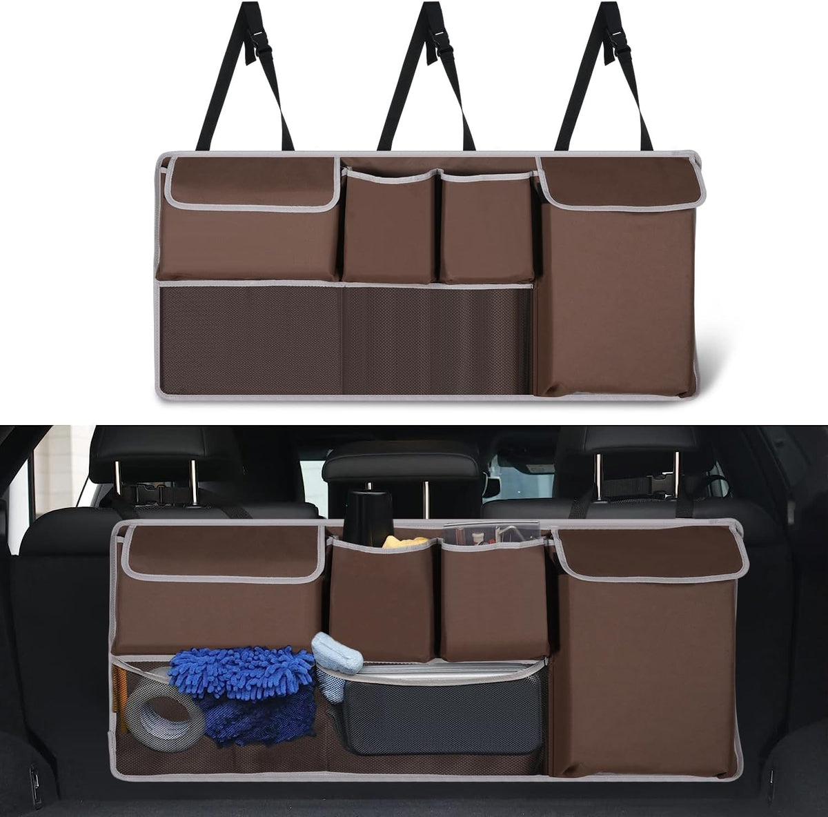 UYYE Trunk Hanging Organizer, Backseat Bag, Car Interior Accessories with 4 Pockets & 2 Mesh Pouches for Groceries, Will Provide More Storage Trunk Space for SUV, Jeep, MPVs