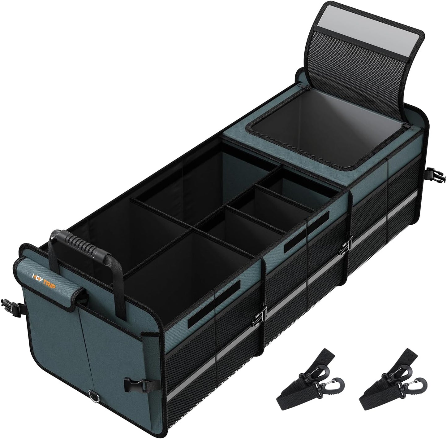 HEYTRIP Large Trunk Organizer With Built-in Leakproof Cooler Bag, 2 Tie-Down Straps, 4 Removable Dividers, Foldable Cover, Built with 2mm PE Board