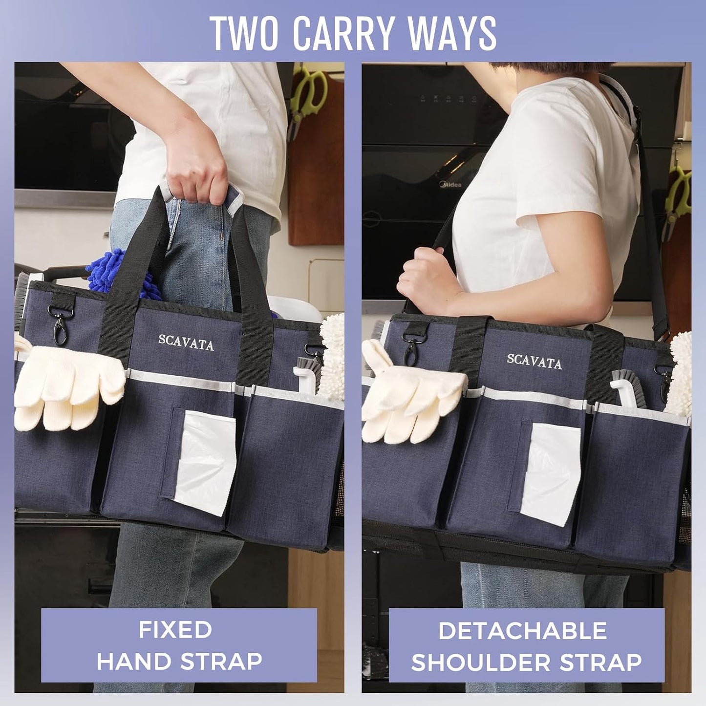 SCAVATA Wearable Cleaning Caddy Bag, Supplies Organizer with Handle & Shoulder Straps for Housekeepers, Under Sink & Car Cleaning Tool Organizer with 4 Foldable Dividers (Black)