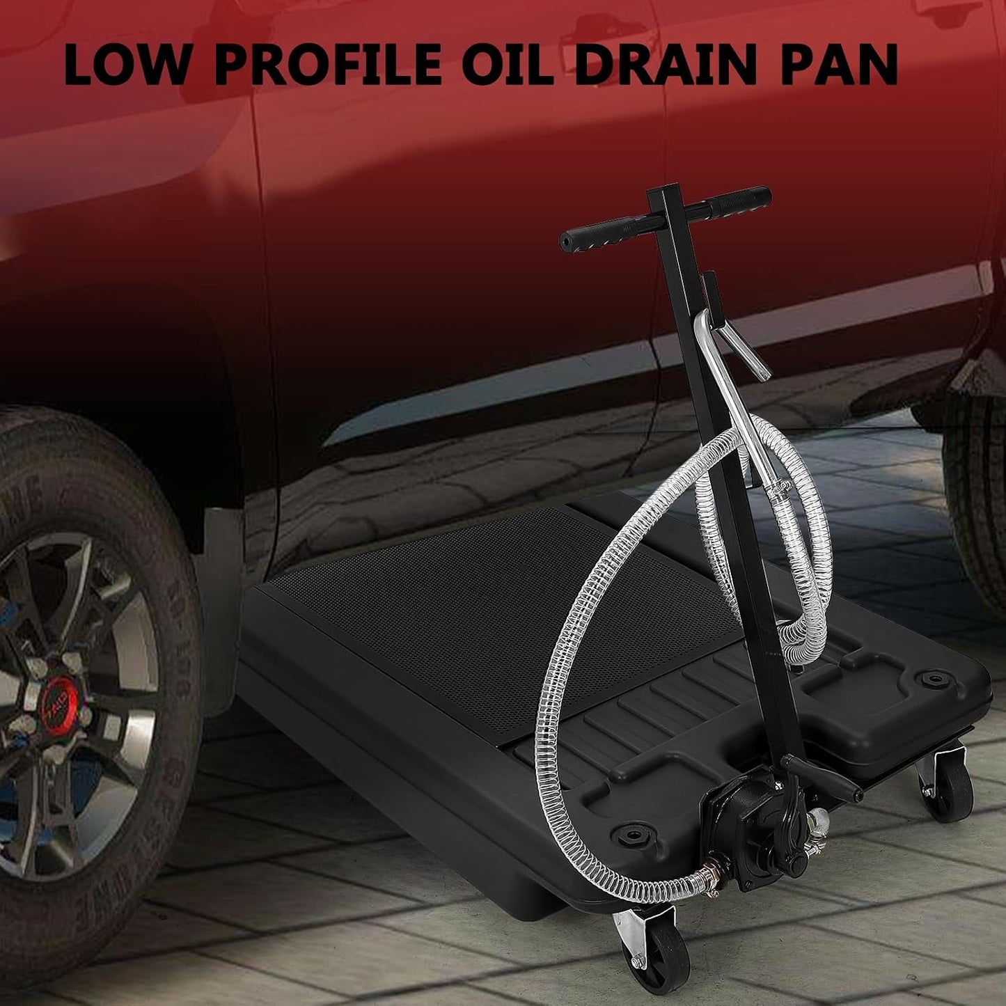 Garvee 20 gal Oil Drain Pan Oil Drain Tank, 76 L Low Profile Oil Drain Pan, Large Capacity Oil Change Pan with Manual Pump & T Foldable Hand and Wheels, 8 ft Hose Oil Drain Cart for Car, SUV, Trucks