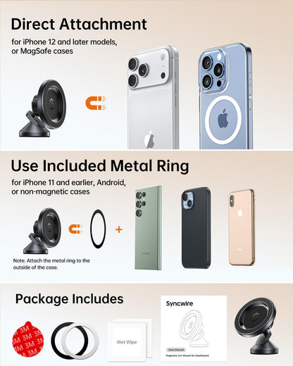 SYNCWIRE MagSafe Car Mount, Magnetic Car Phone Holder for Car Dashboard, 360° Rotating Strong Magnet Phone Mount with 3M VHB Adhesive, Compatible with iPhone 17/16/15/14/13/12 & MagSafe Cases