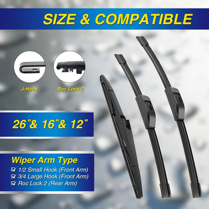 5 PLUS® Silicone Windshield Wipers Replacement for 2019-2024 Toyota RAV4/ 2006-2015 Mazda 5 Wiper Blades(Set of 3), Windshield Wiper Blades For My Car-26"/16"/12" - Colors B