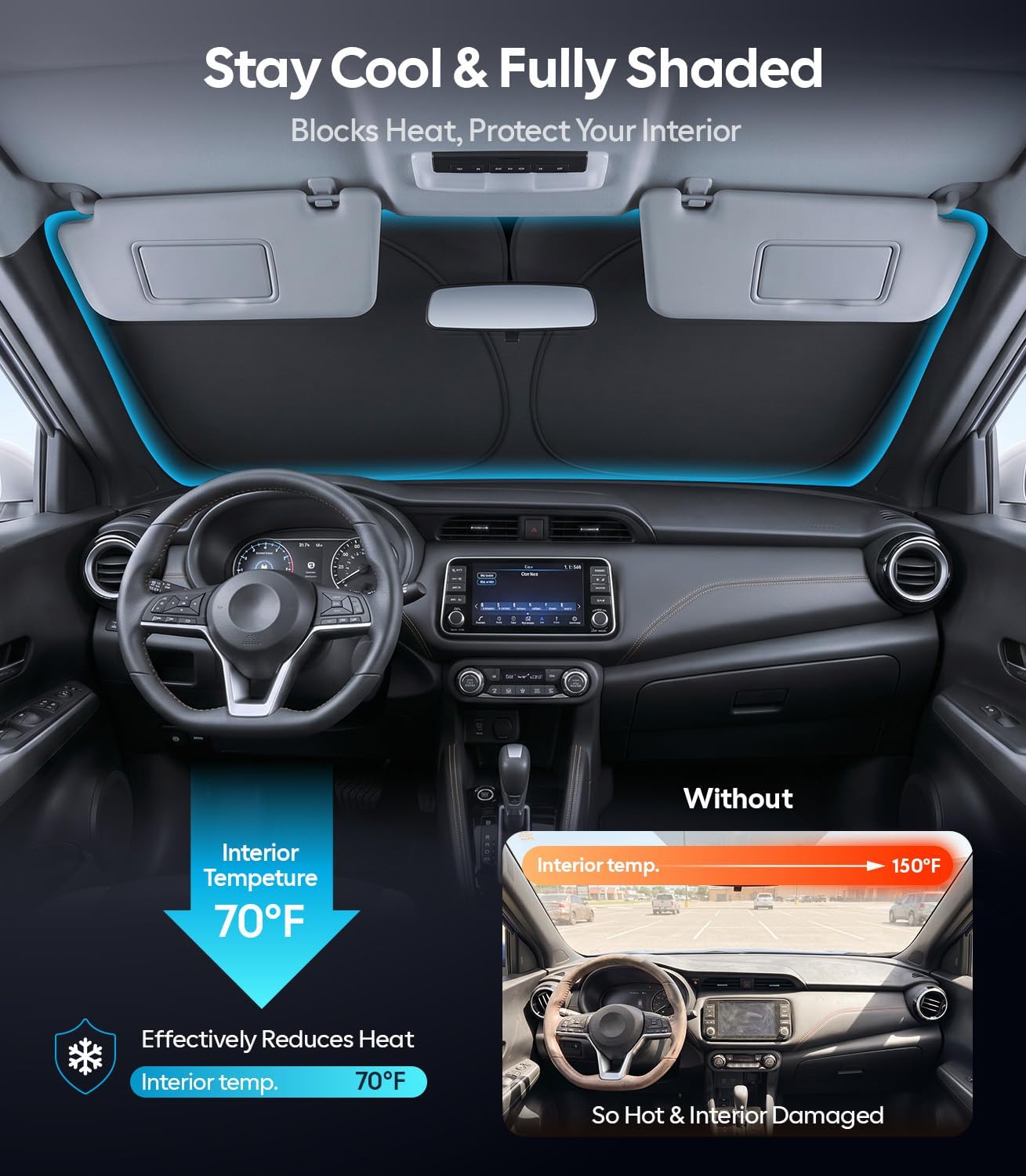 Wigoo Tesla New Model Y Accessories Windshield Sunshade [OEM Design, 100% Sun Blockage] Foldable Heat Insulation Sunshade with Storage Bag, for Model Y 2020~2026 (Juniper), Silver Coating - Colors B