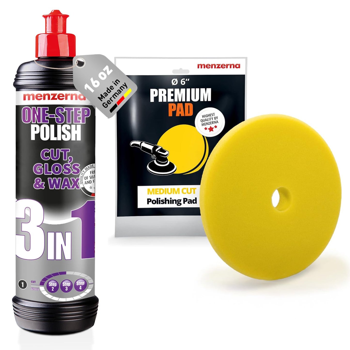 menzerna One-Step Polish 3in1 I Medium Cut Polish with High Gloss Finish & Seal in One I Buffing & Polishing Compound for Car Maintenance I Swirls, Holograms & Scratches I Car Body Repair I 8 fl oz.