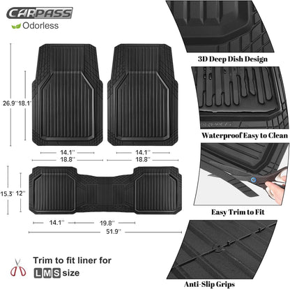 CAR PASS Heavy Duty Rubber Floor Mats for Car, Waterproof Liner Deep Dish Car Mats Full Sets, Universal Trim to Fit for SUV Truck Sedans Vans, All Weather Automotive Floor Mats 3pcs, Solid Black
